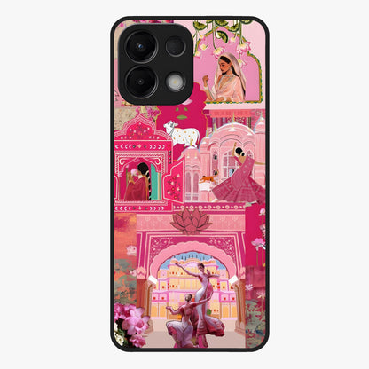 Blossoms of Rajasthan Glass Case showing flat back view with traditional floral artwork inspired by Rajasthan and glossy glass finish.