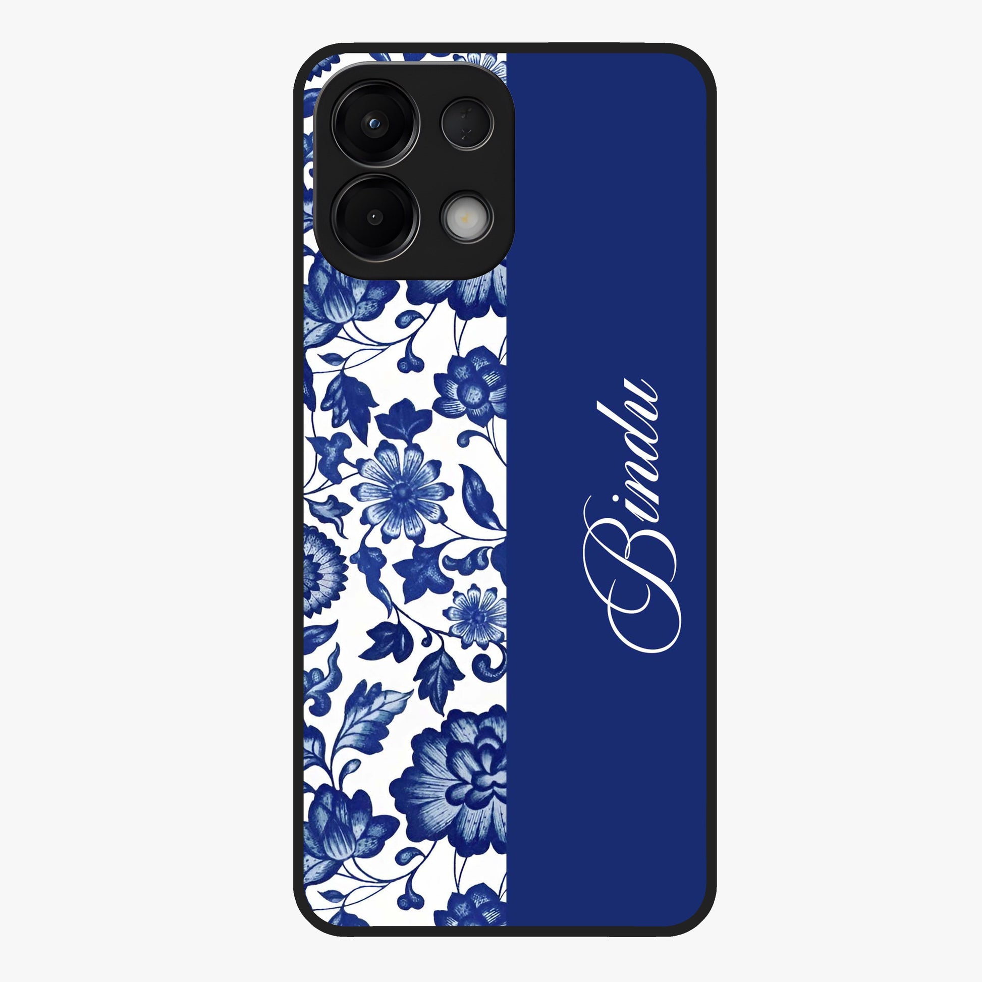 Blue Vintage Floral Pattern Glass Case upright view showcasing timeless floral illustration with vintage inspired style.
