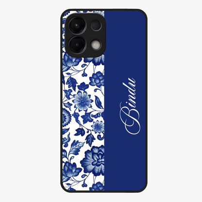 Blue Vintage Floral Pattern Glass Case upright view showcasing timeless floral illustration with vintage inspired style.