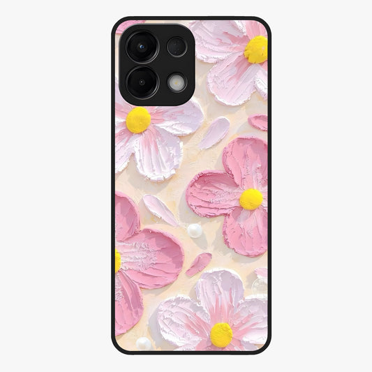 Blush Bloom Texture Glass Case showing flat back view with soft blush floral texture artwork and glossy glass finish.
