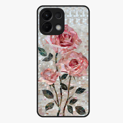 Blush Mosaic Bloom Glass Case showing flat back view with mosaic floral bloom artwork and glossy glass finish.