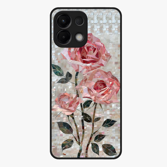 Blush Mosaic Bloom Glass Case showing flat back view with mosaic floral bloom artwork and glossy glass finish.