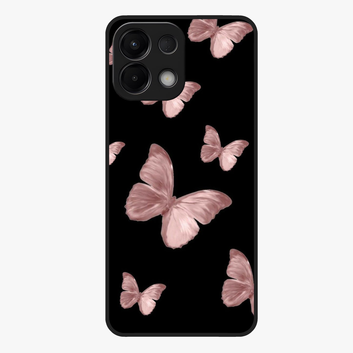 Butterfly Pattern Glass Case showing flat back view with elegant butterfly pattern artwork and glossy glass finish.