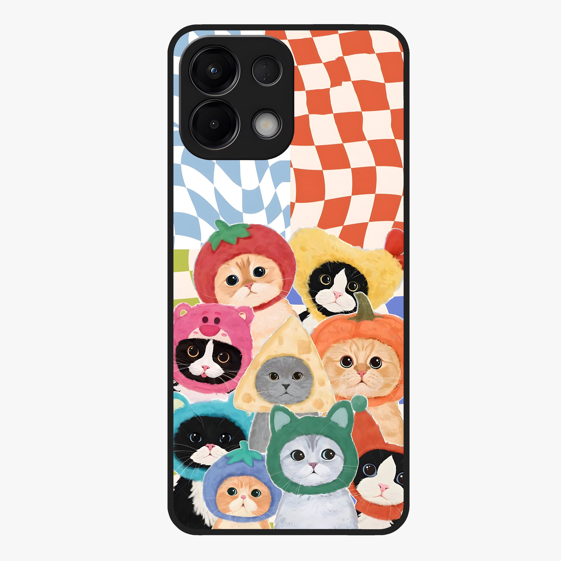 Cats in Fruits Glass Case showing flat back view with playful cat illustrations inside fruit artwork and glossy glass finish.