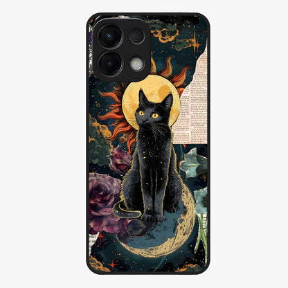 Celestial Black Cat Glass Case showing flat back view with mystical black cat artwork and glossy glass finish.