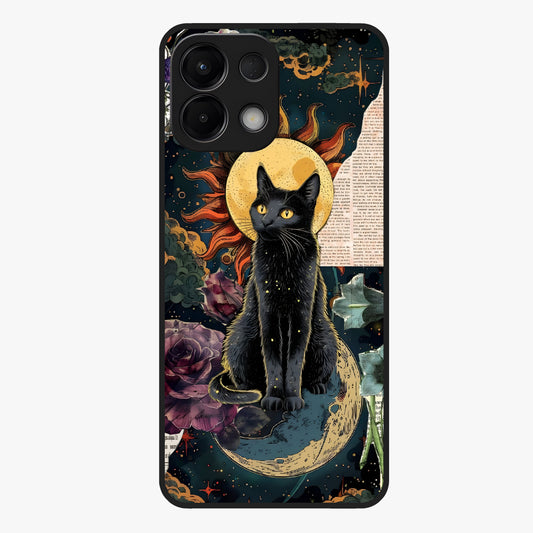 Celestial Black Cat Glass Case showing flat back view with mystical black cat artwork and glossy glass finish.