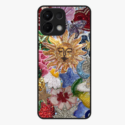 Celestial Floral and Playful Glass Case showing flat back view with floral and celestial themed artwork and glossy glass finish.