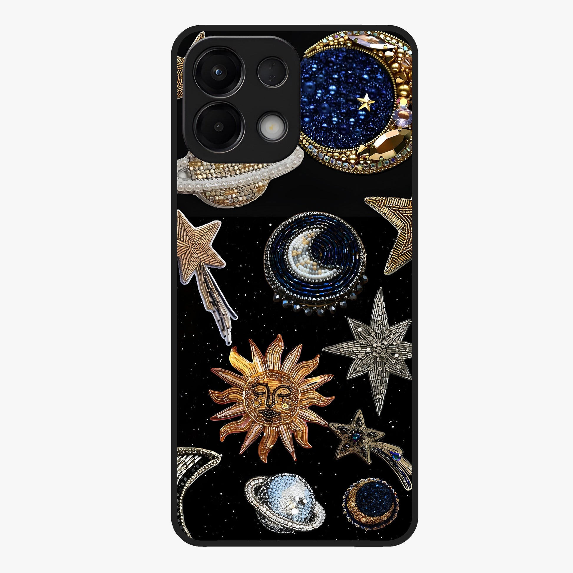 Celestial Gem Constellations Glass Case showing flat back view with sparkling constellation artwork and glossy glass finish.