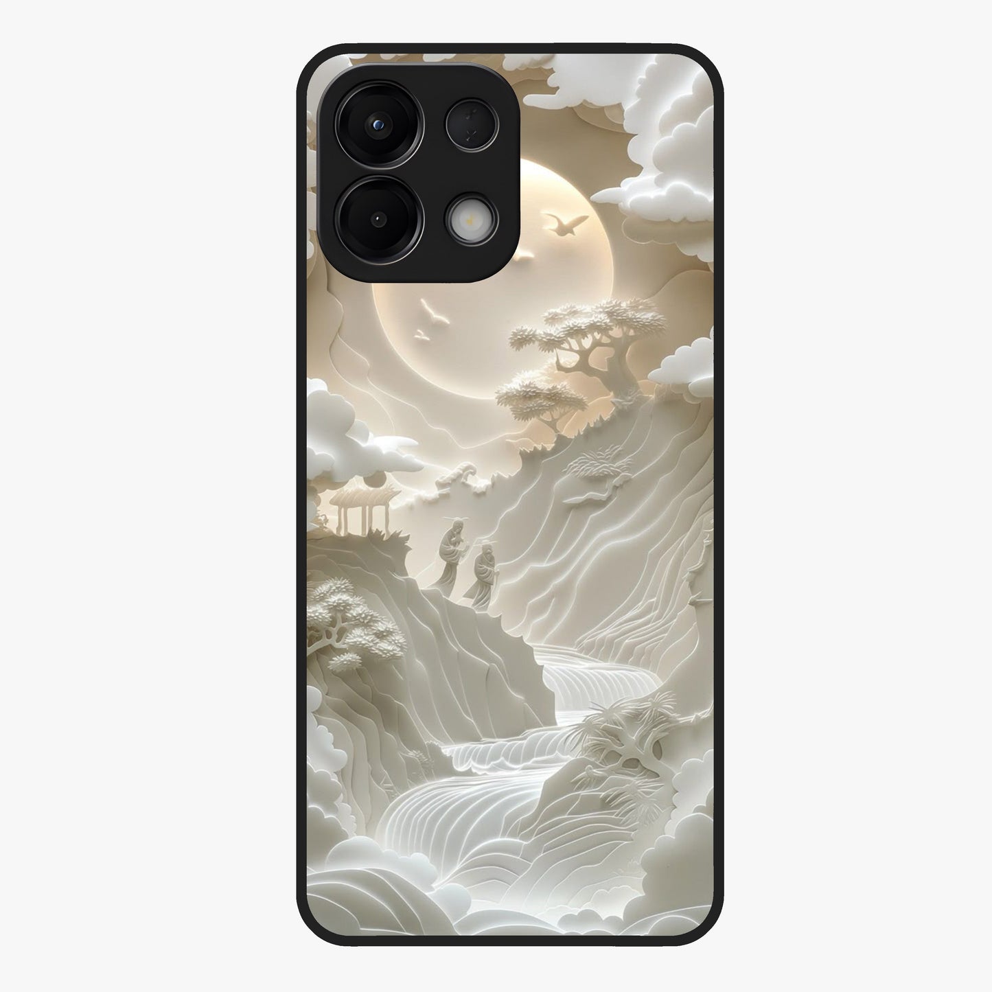Celestial Origami Glass Case showing flat back view with artistic origami inspired celestial artwork and glossy glass finish.