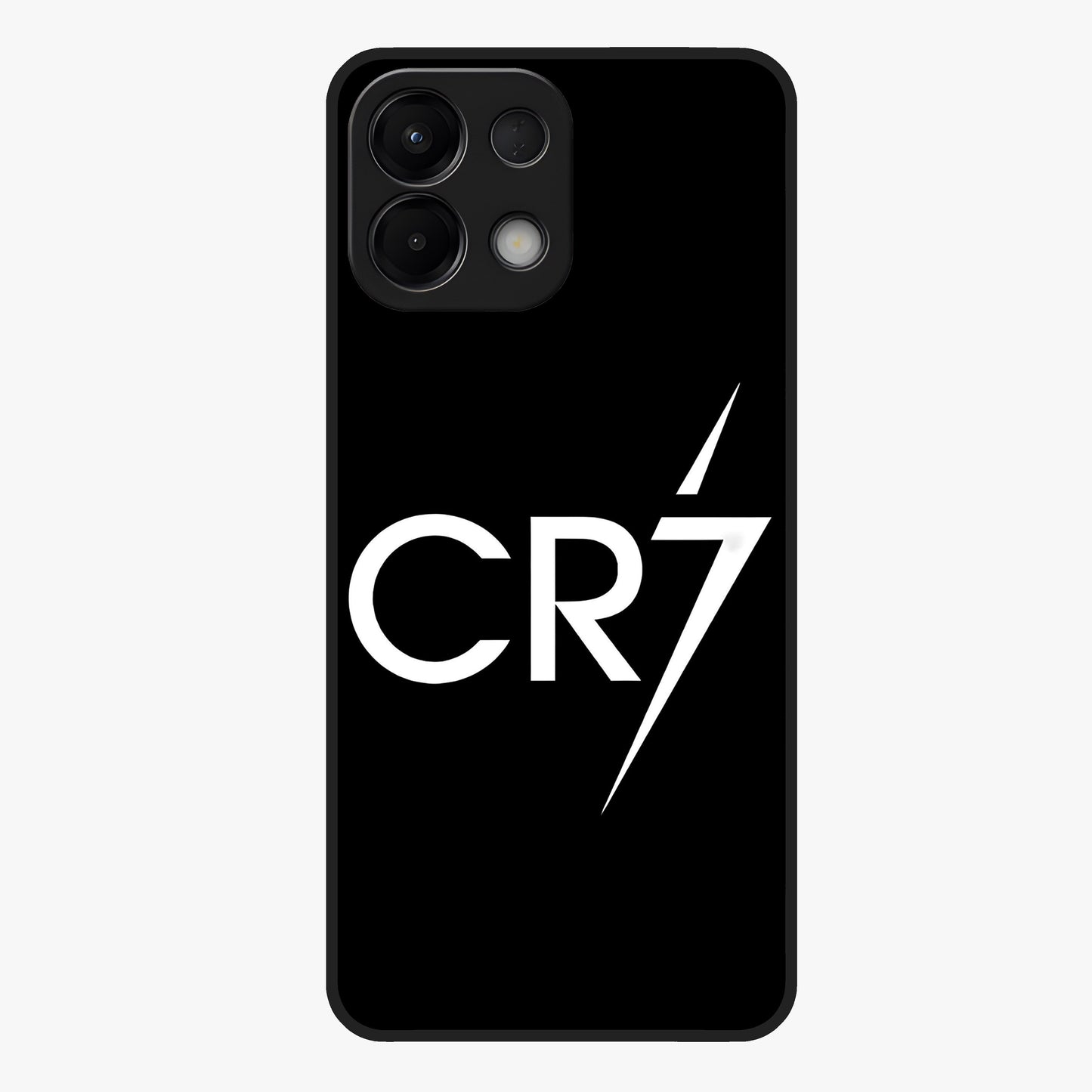 Cr7 Elite Strike Glass Case showing flat back view with dynamic football inspired artwork and glossy glass finish.