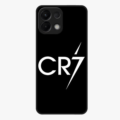Cr7 Elite Strike Glass Case showing flat back view with dynamic football inspired artwork and glossy glass finish.