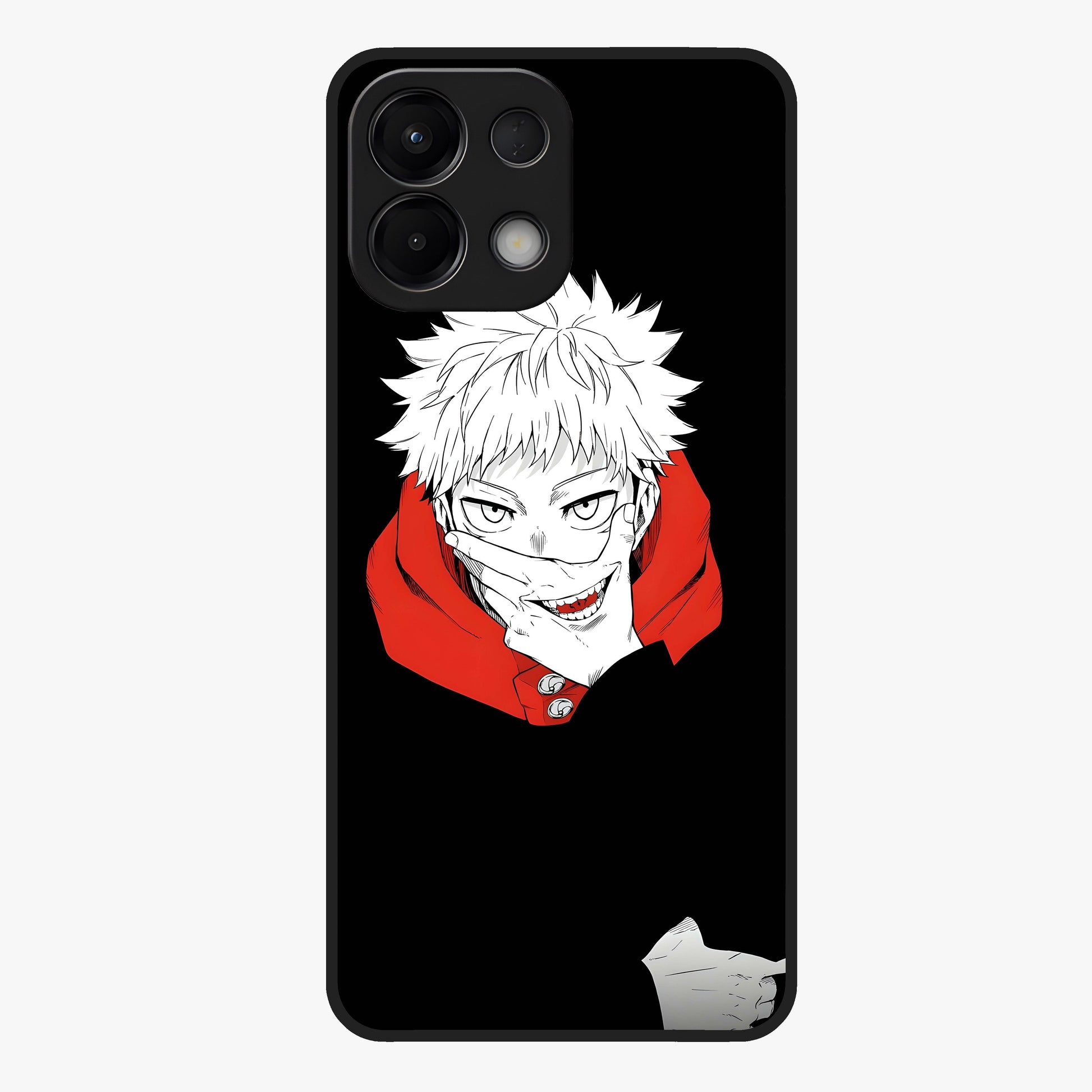 Crimson Chaos Smile Glass Case showing flat back view with bold chaotic smile artwork and glossy glass finish.