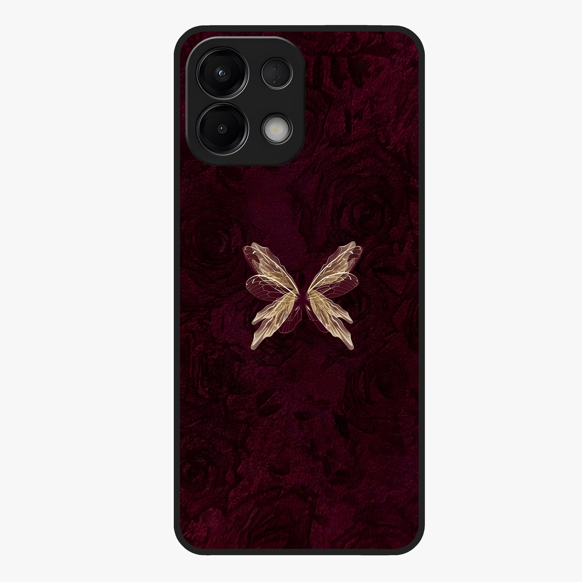 Crimson Fade Butterfly Glass Case showing flat back view with fading butterfly artwork and glossy glass finish.