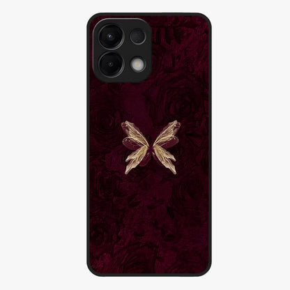 Crimson Fade Butterfly Glass Case showing flat back view with fading butterfly artwork and glossy glass finish.
