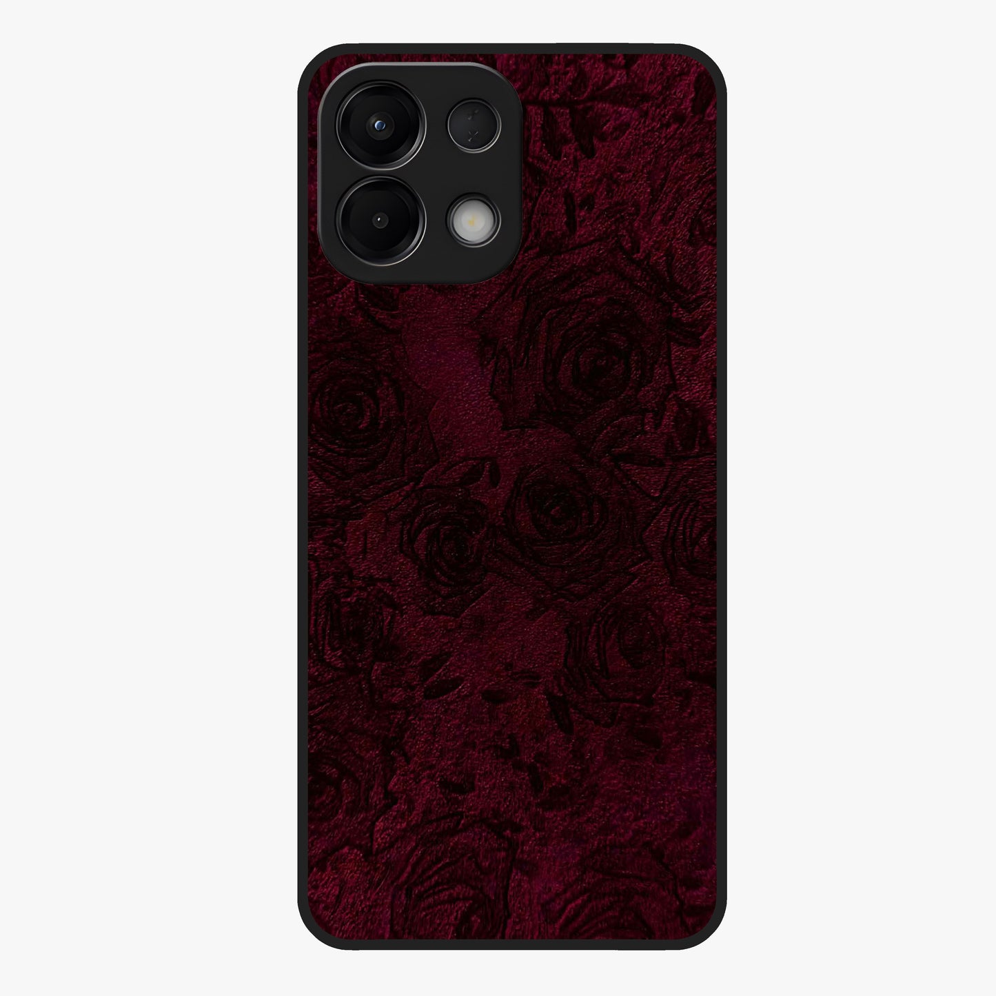 Crimson Fade Flow Glass Case showing flat back view with flowing crimson gradient artwork and glossy glass finish.