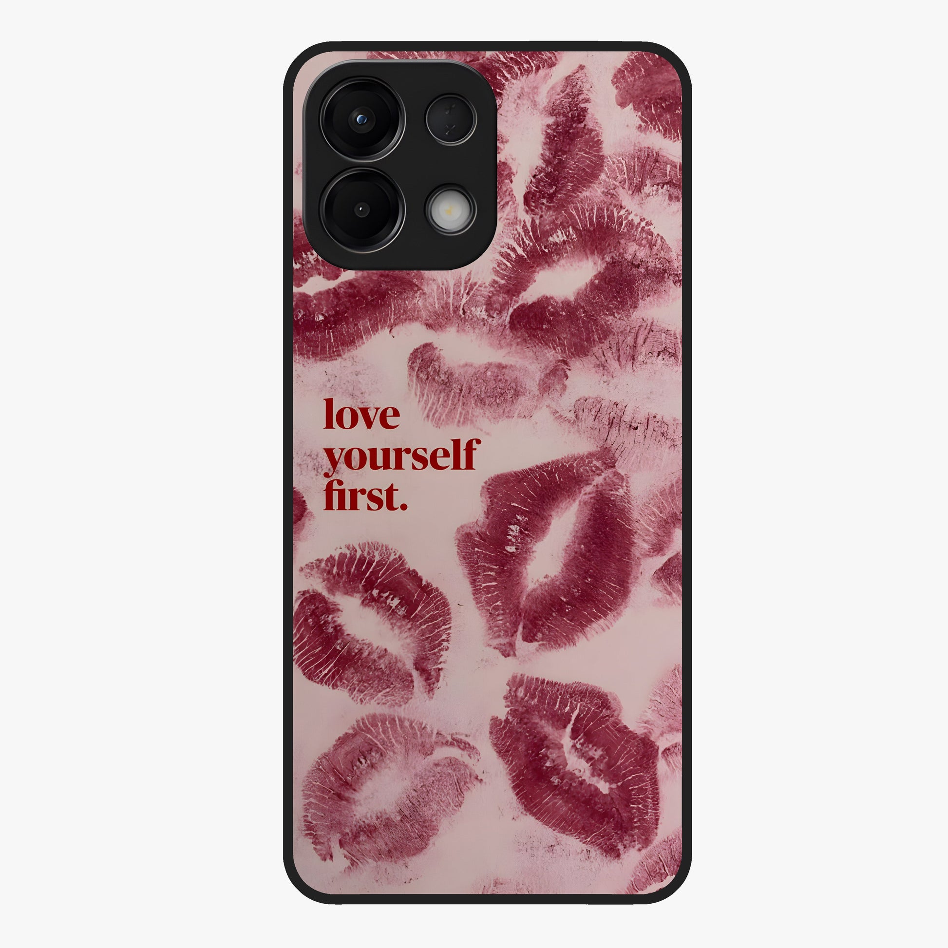 Crimson Kiss Love Glass Case showing flat back view with romantic crimson themed artwork and glossy glass finish.