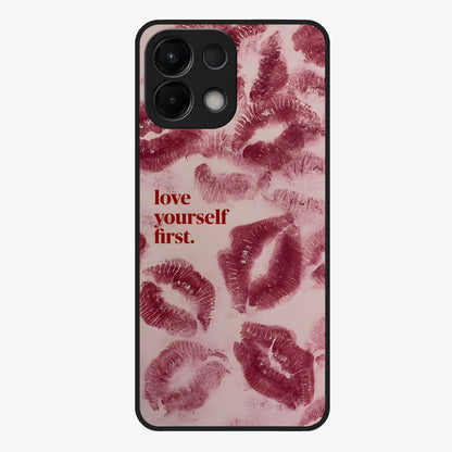 Crimson Kiss Love Glass Case showing flat back view with romantic crimson themed artwork and glossy glass finish.