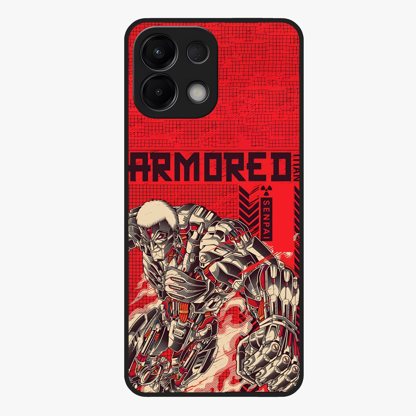 Crimson Mecha Titan Glass Case showing flat back view with powerful mech titan artwork and glossy glass finish.