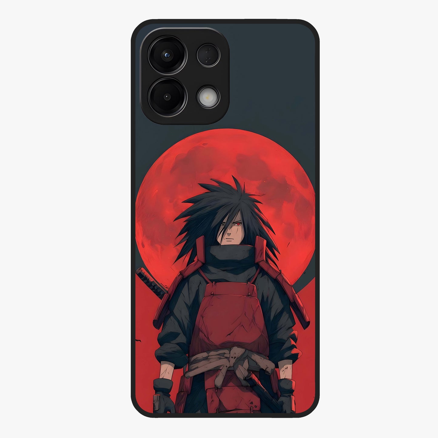 Crimson Moon Warlord Glass Case showing flat back view with mystical moon warrior artwork and glossy glass finish.
