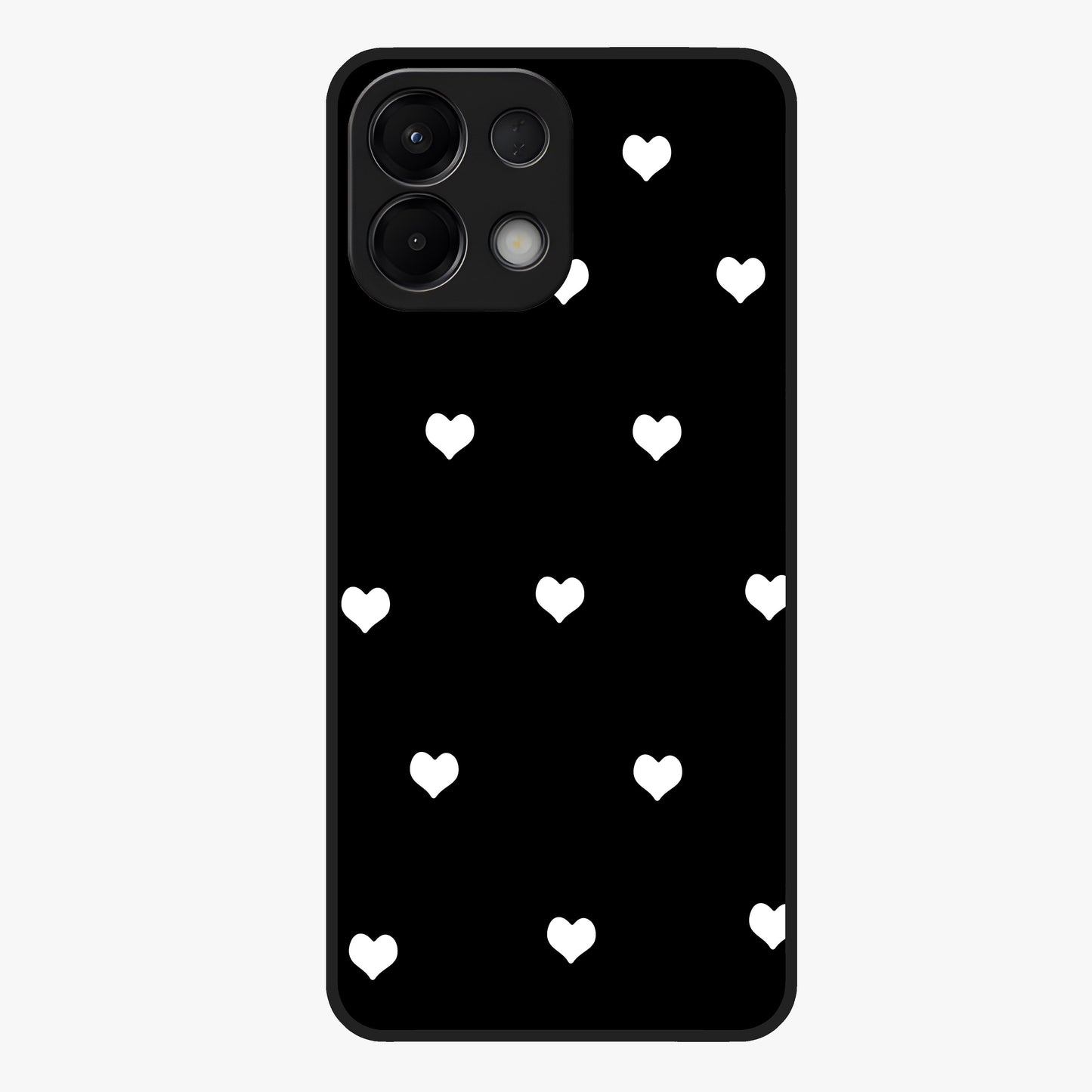 Cute And Simple White Hearts Glass Case showing flat back view with minimal white heart pattern and glossy glass finish.