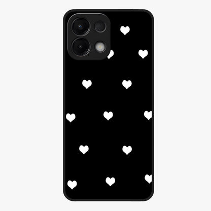 Cute And Simple White Hearts Glass Case showing flat back view with minimal white heart pattern and glossy glass finish.