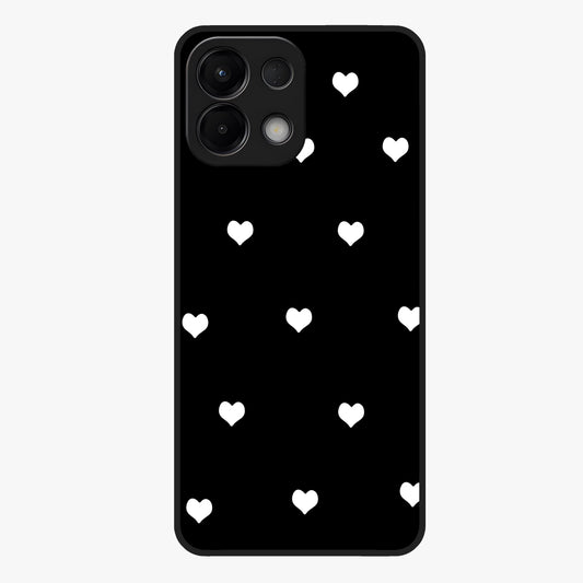 Cute And Simple White Hearts Glass Case showing flat back view with minimal white heart pattern and glossy glass finish.