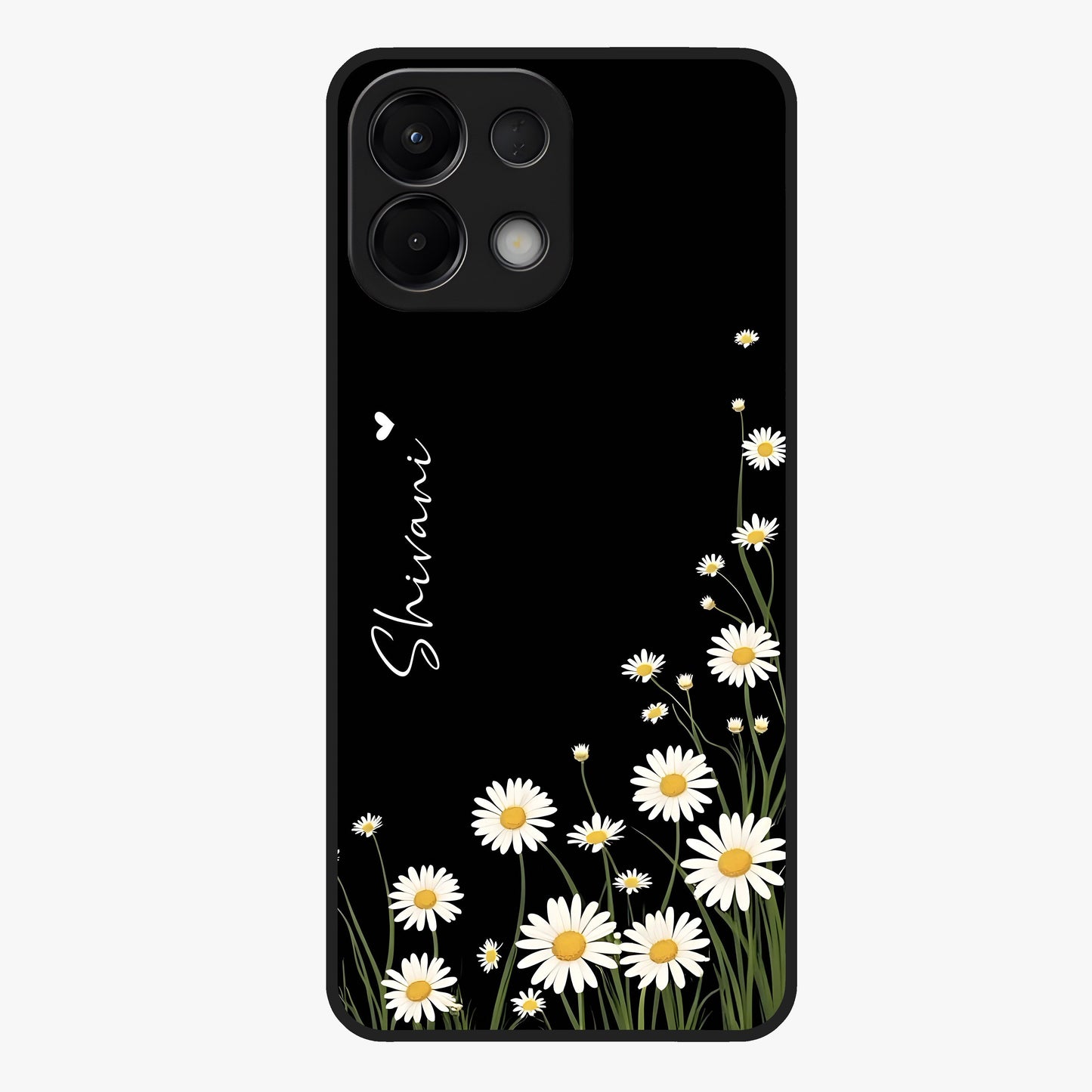 Daisy Cascade Custom Name Glass Case showing flat back view with cascading daisy flowers and personalized name design.