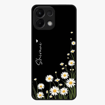 Daisy Cascade Custom Name Glass Case showing flat back view with cascading daisy flowers and personalized name design.