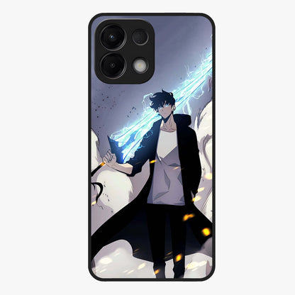 Dark Lightning Anime Warrior Glass Case showing flat back view with intense anime warrior artwork and glossy glass finish.