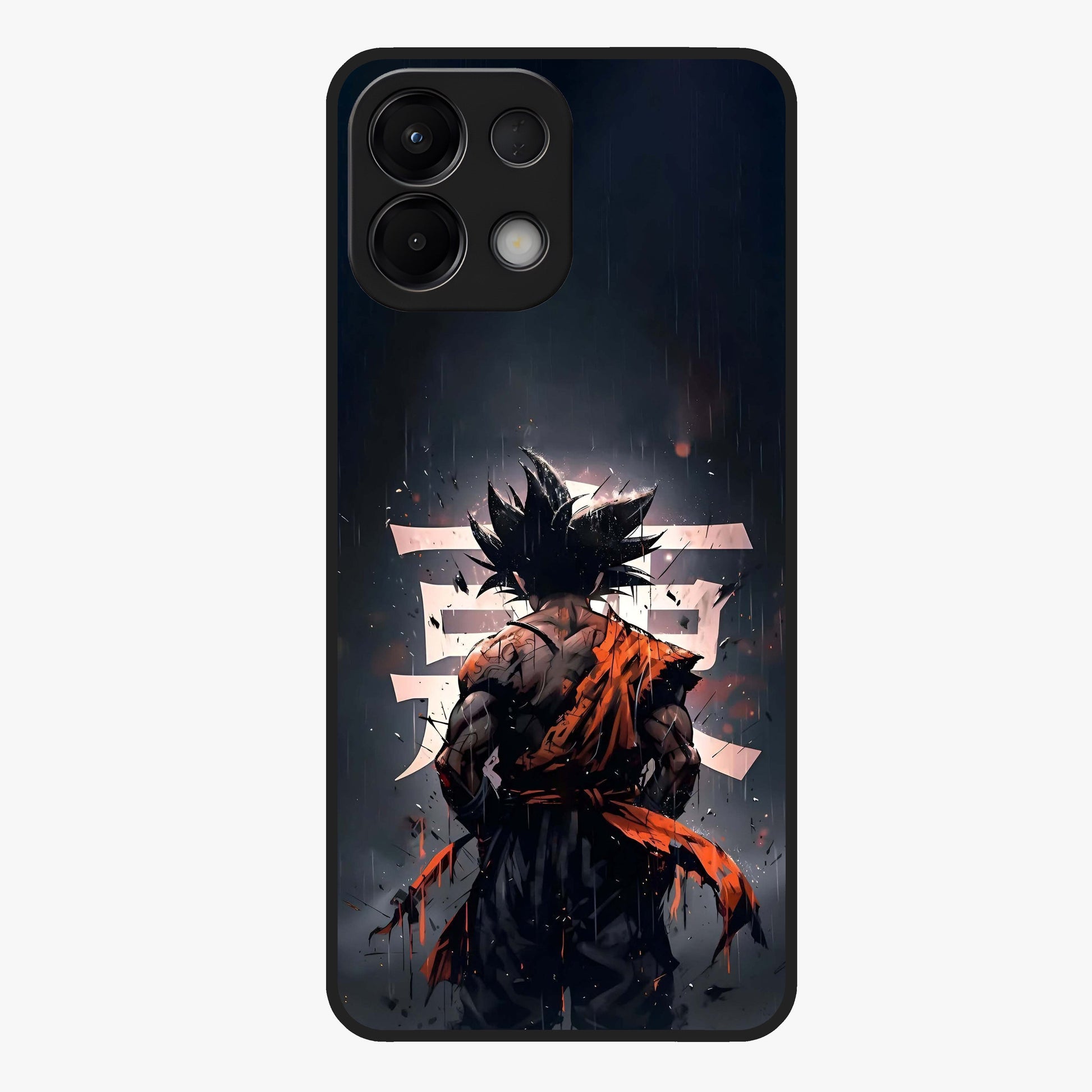 Dark Warrior In Rain Glass Case showing flat back view with warrior artwork in rainy atmosphere and glossy glass finish.