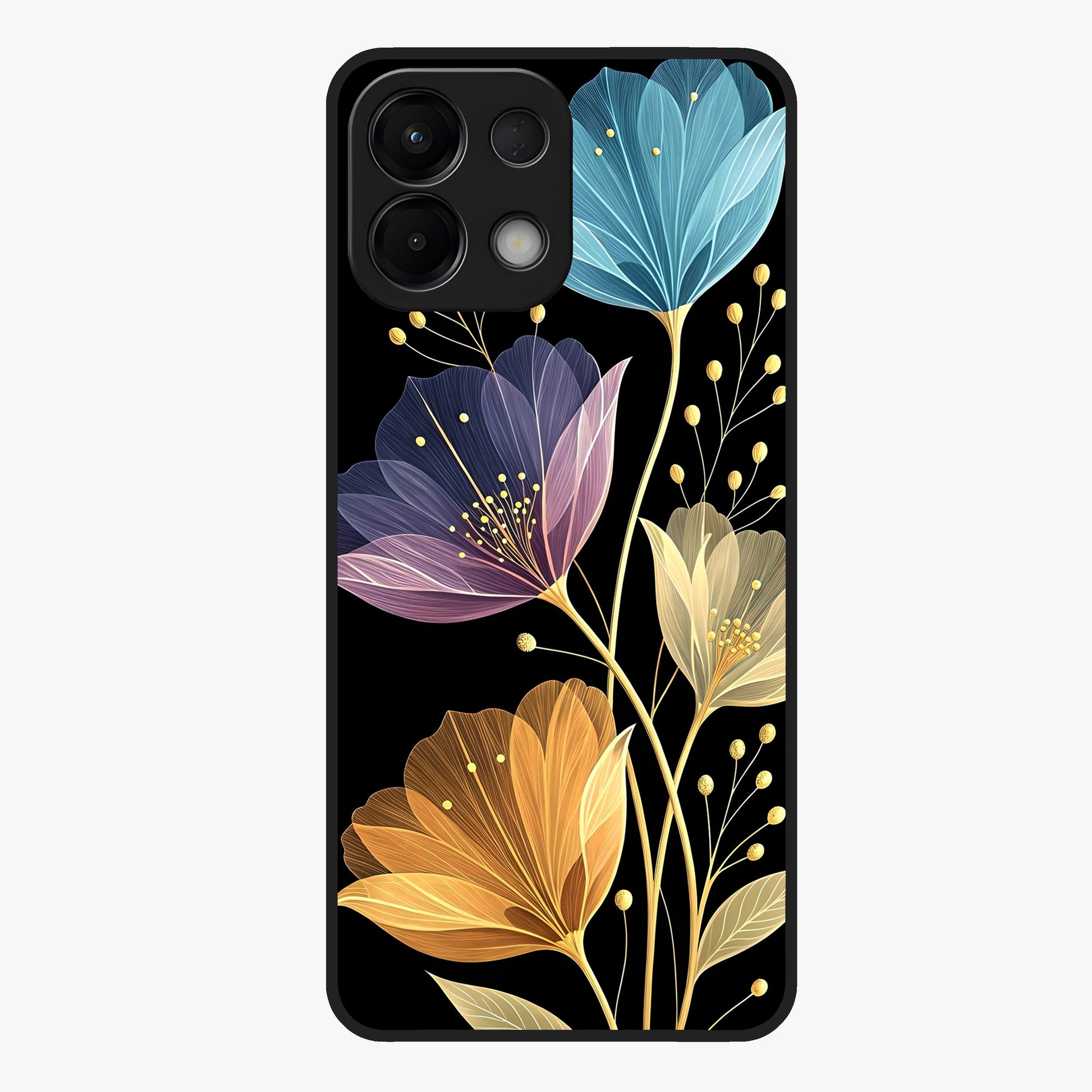 Delicate Multicolor Flowers Glass Case showing flat back view with vibrant floral artwork and glossy glass finish.