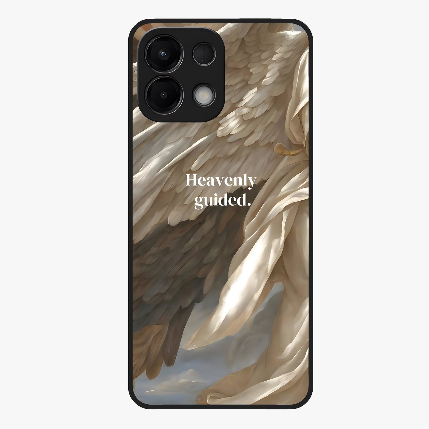 Divine Winged Grace Glass Case showing flat back view with elegant wing inspired artwork and glossy glass finish.