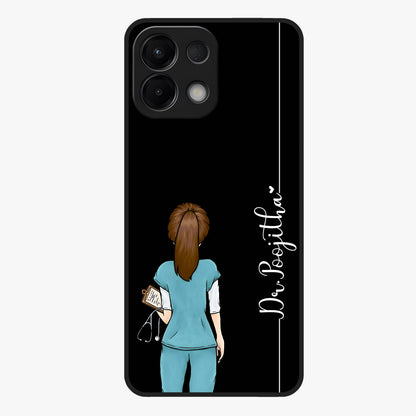 Doctor Pattern Custom Name Glass Case showing flat back view with medical themed pattern and personalized name design.