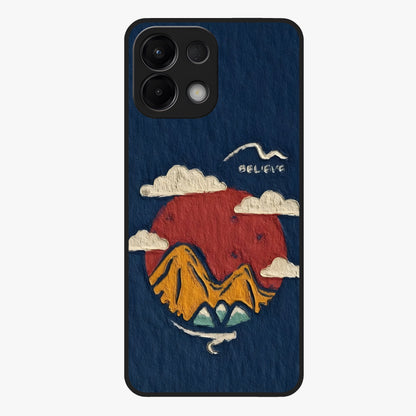 Dream Beyond Mountains Glass Case showing flat back view with scenic mountain landscape artwork and glossy glass finish.