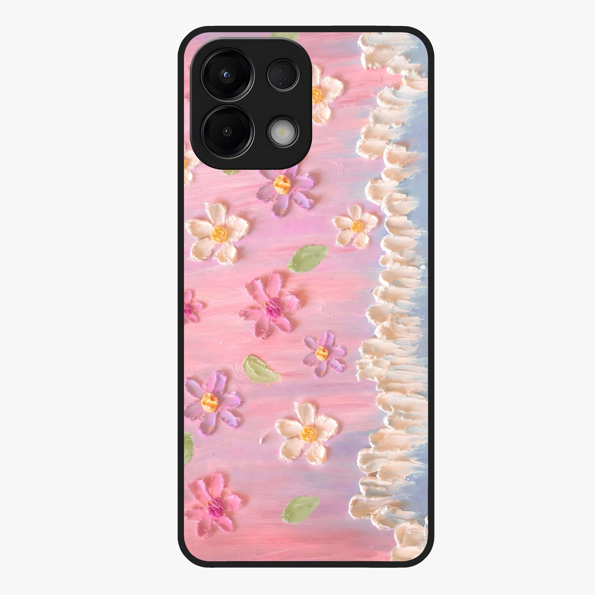 Dreamy Painted Garden Glass Case showing flat back view with artistic painted floral garden artwork and glossy glass finish.