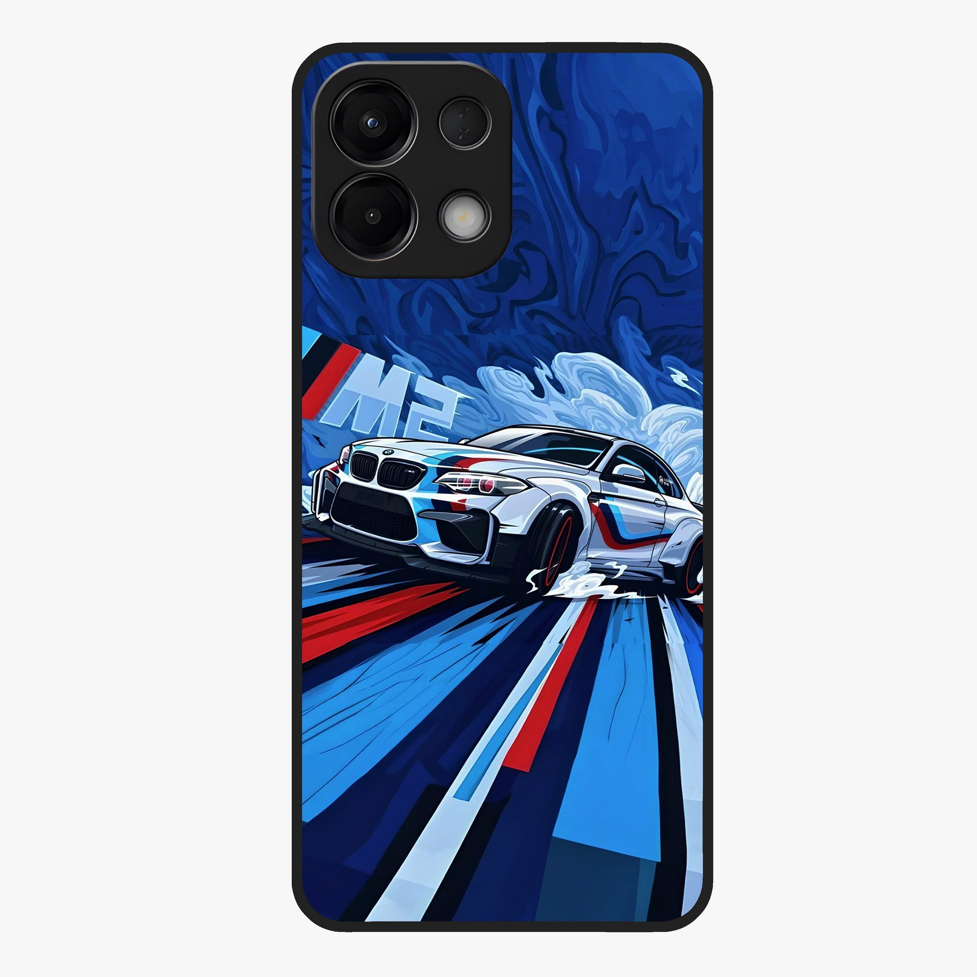 Drift Power Rush Glass Case showing flat back view with dynamic racing inspired artwork and glossy glass finish.