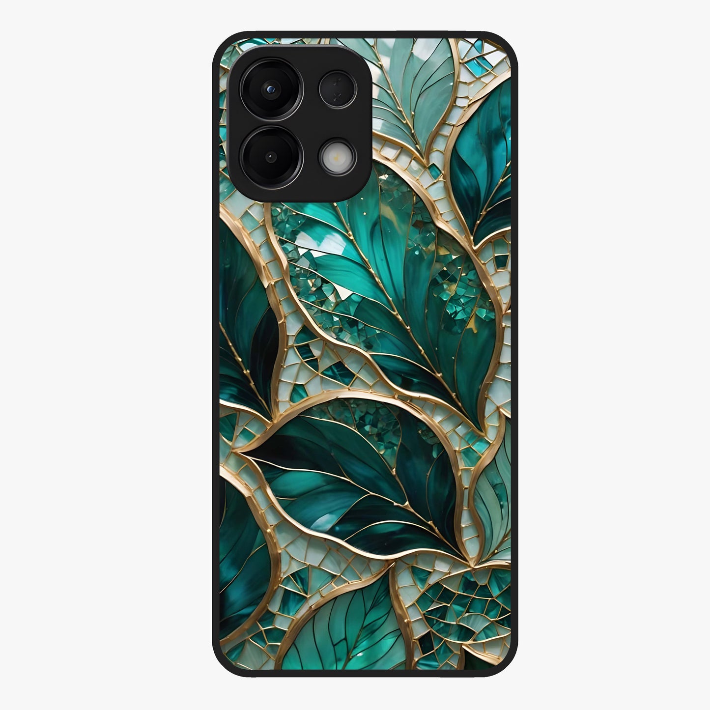 Emerald Leaf Glass Glass Case showing flat back view with emerald green leaf artwork and glossy glass finish.