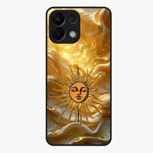 Eternal Golden Glow Glass Case showing flat back view with radiant golden themed artwork and glossy glass finish.