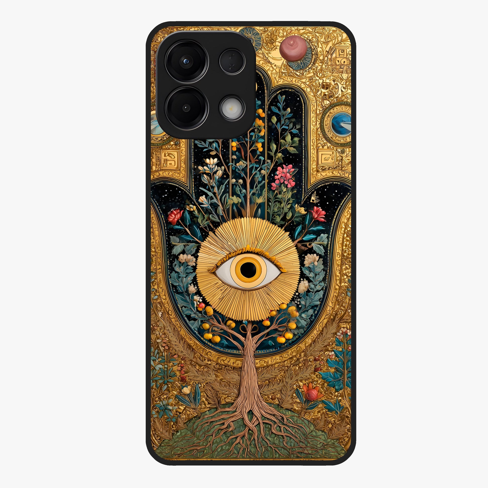 Ethereal Evil Eye Glass Case showing flat back view with mystical evil eye artwork and glossy glass finish.