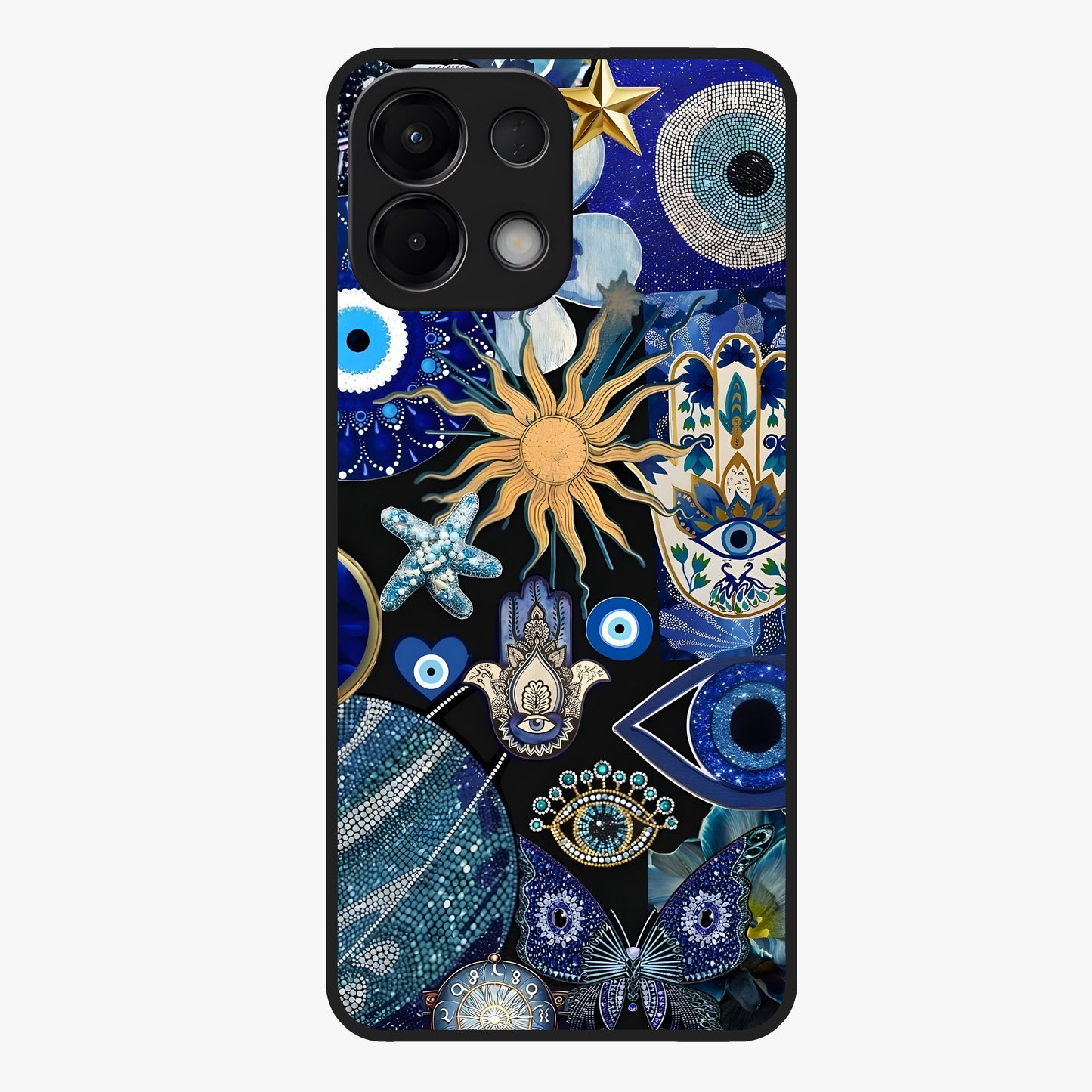 Evil Eye Charm Mix Glass Case showing flat back view with multiple evil eye charms artwork and glossy glass finish.