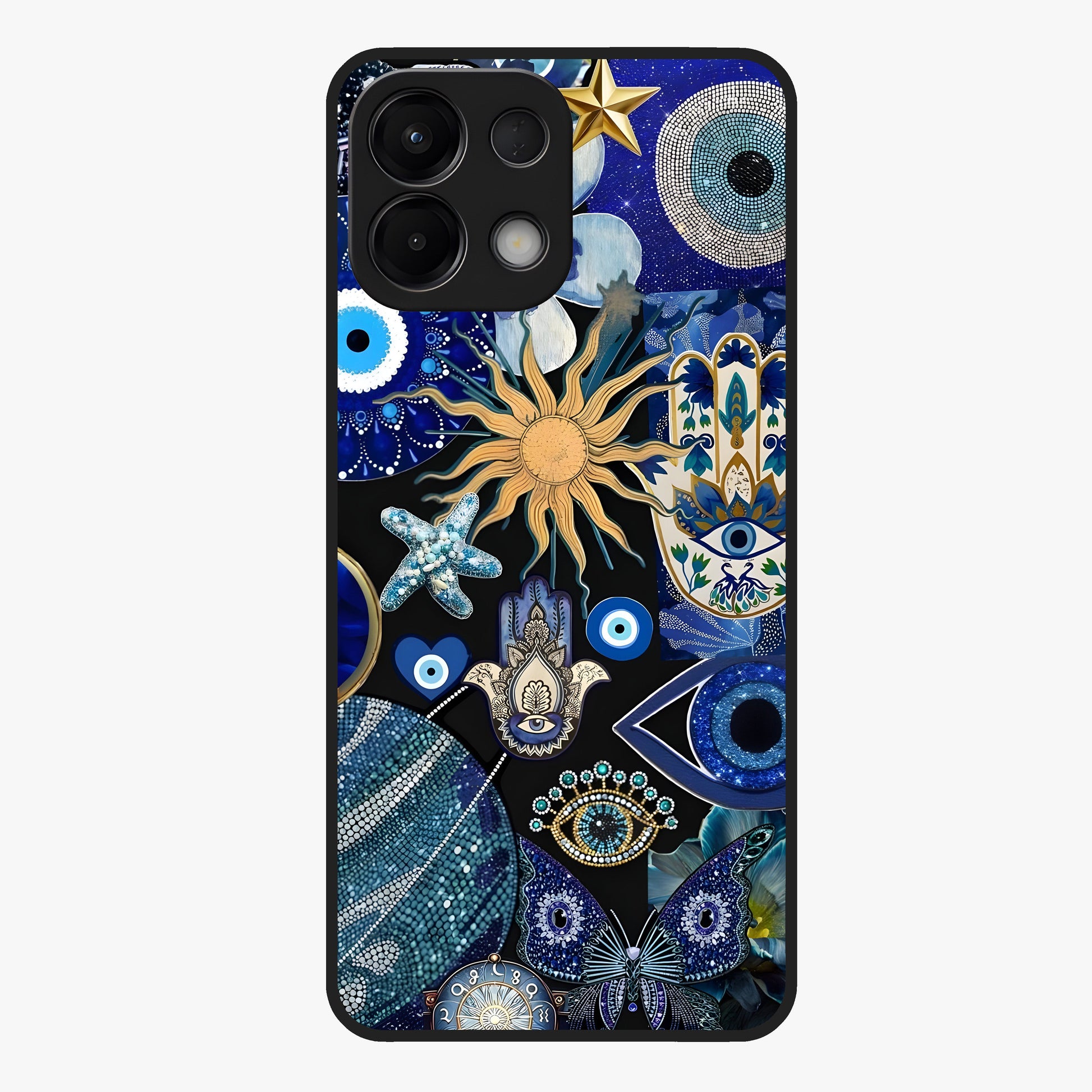 Evil Eye Charm Mix Glass Case showing flat back view with multiple evil eye charms artwork and glossy glass finish.