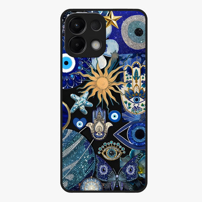 Evil Eye Charm Mix Glass Case showing flat back view with multiple evil eye charms artwork and glossy glass finish.