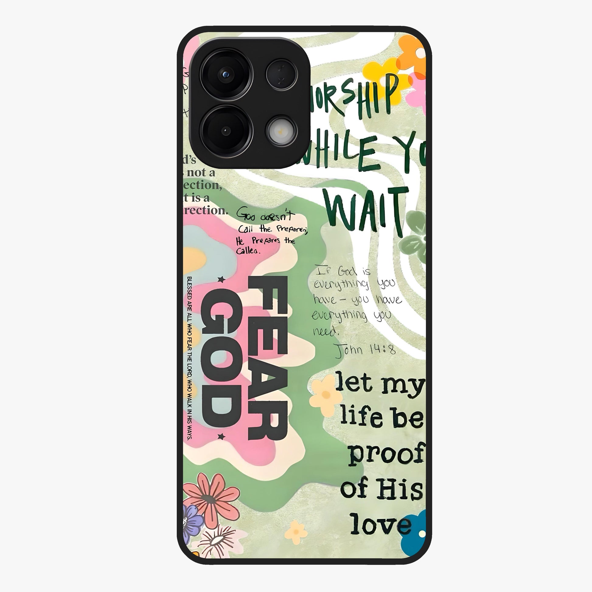 Faith Over Fear Glass Case showing flat back view with motivational typography artwork and glossy glass finish.