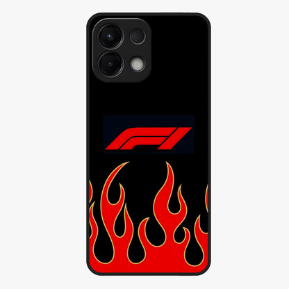 Fire F11 Glass Case showing flat back view with fiery themed artwork and glossy glass finish.