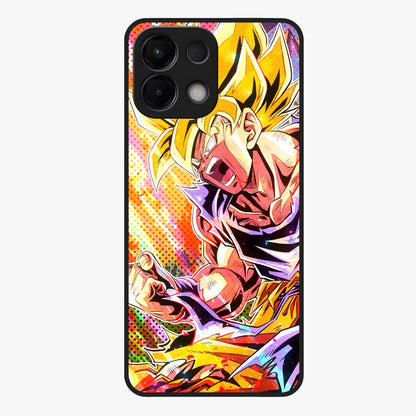 Firing Goku Glass Case showing flat back view with powerful anime inspired artwork and glossy glass finish.