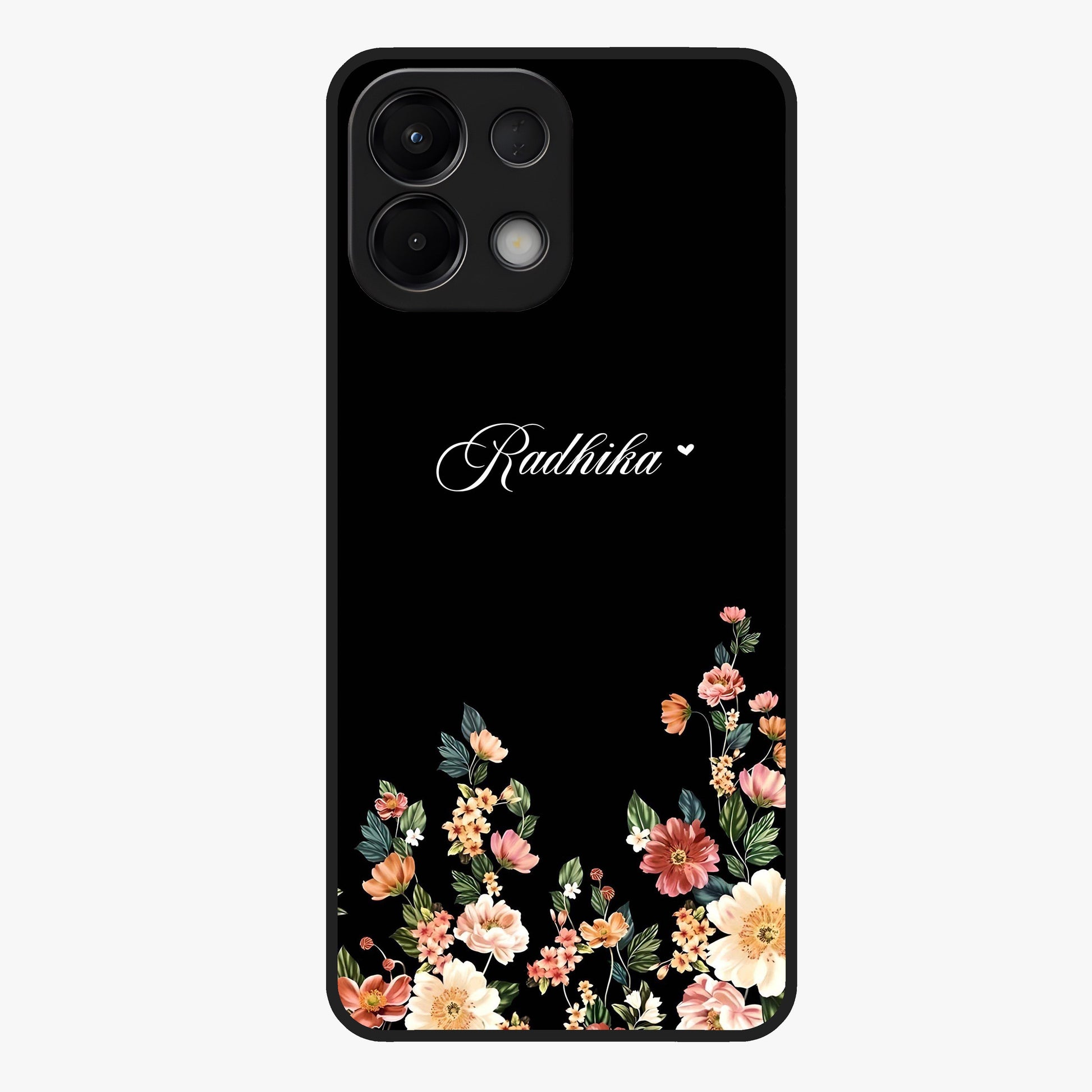 Floral Design With a Custom Personalized Name Glass Case showing flat back view with floral artwork and personalized name design.