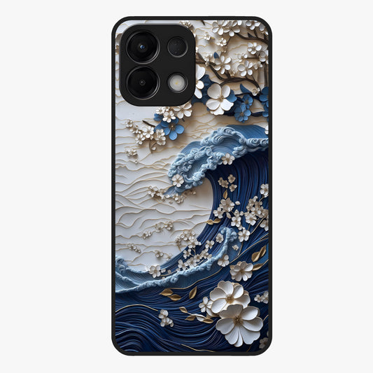 Floral Wave Origami Glass Case showing flat back view with origami inspired floral wave artwork and glossy glass finish.