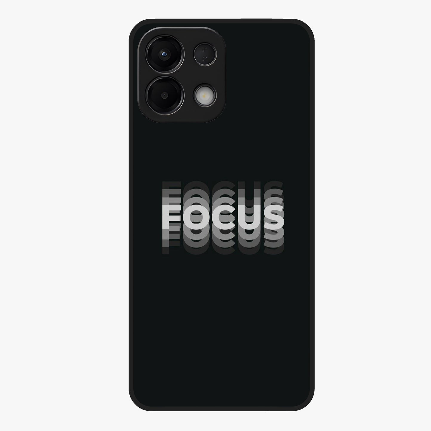 Focus Mode On Glass Case showing flat back view with bold motivational typography design and glossy glass finish.