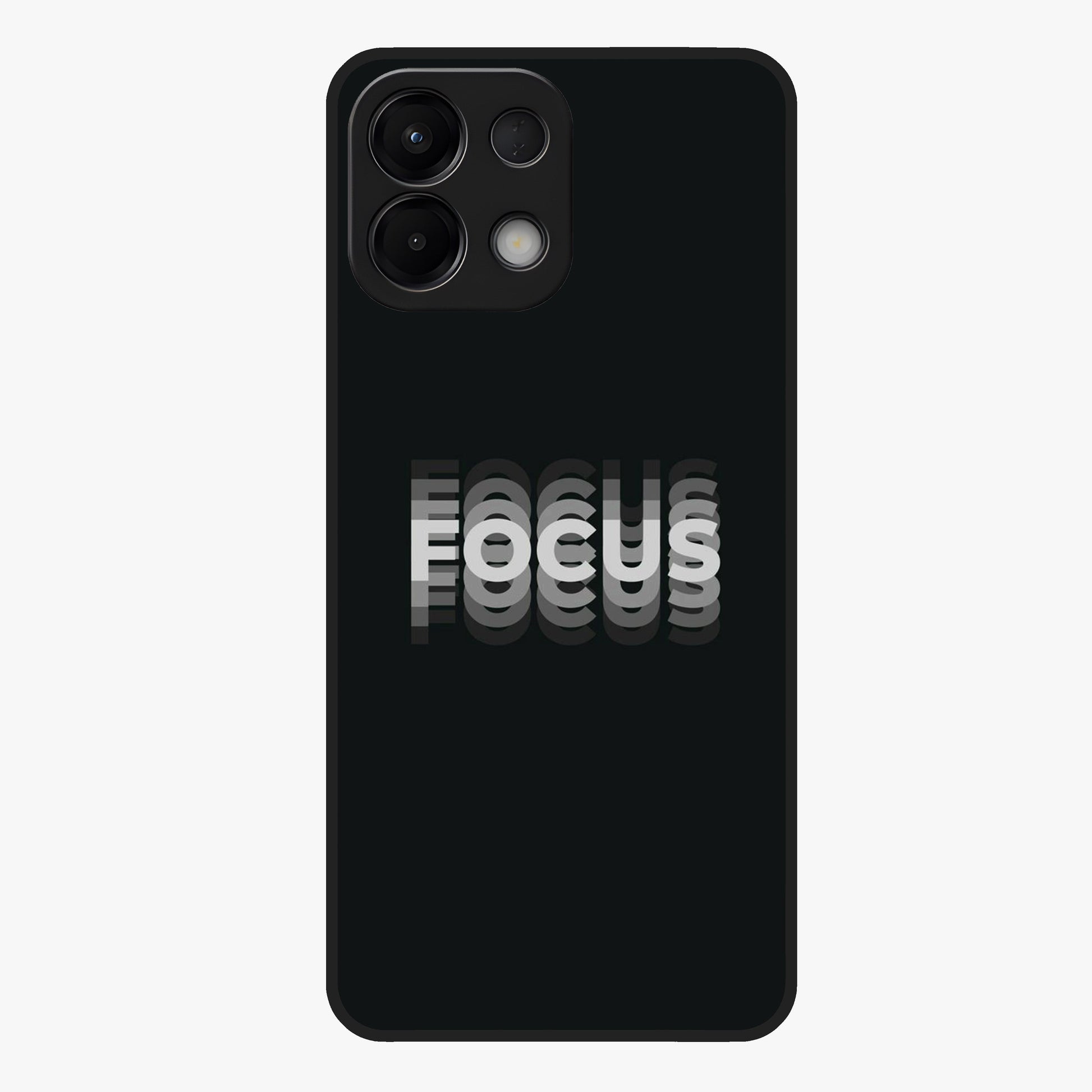 Focus Mode On Glass Case showing flat back view with bold motivational typography design and glossy glass finish.