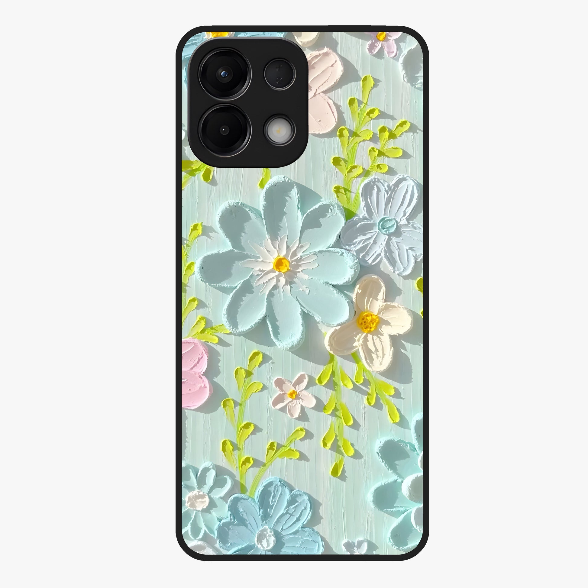 Frosted Petal Garden Glass Case showing flat back view with soft frosted floral artwork and glossy glass finish.
